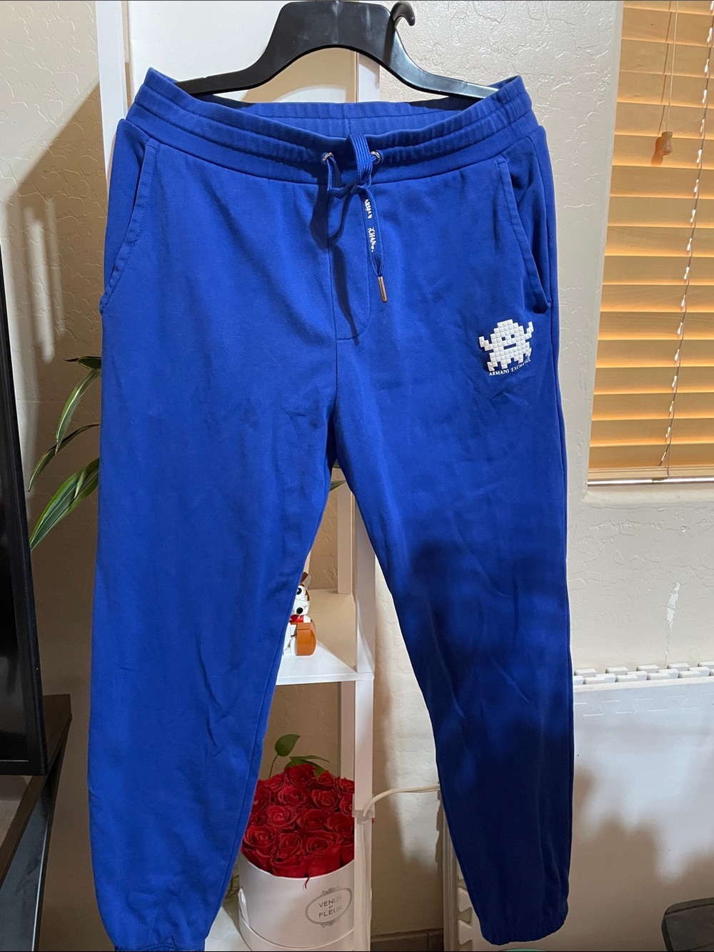 Armani Exchange Royal Blue Sweatpants with White Pixel Alien Patch Gamer Logo